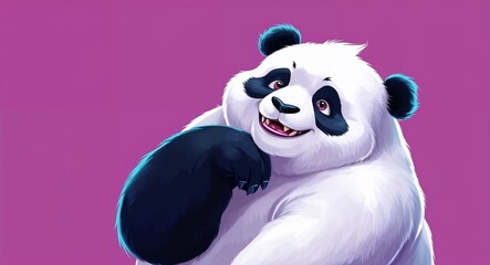 Chubby white monster with panda ears in plain magenta background