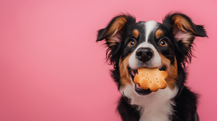 Fototapeta premium Dog food in the shape of a bone close-up in the hand of a girl with a corgi dog isolated on a soft pink background
