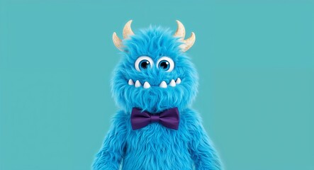 Obraz premium Fuzzy cyan monster wearing a bowtie in plain turquoise background