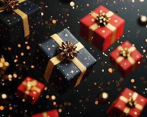 Floating red and black gifts with gold bows and confetti on black background.