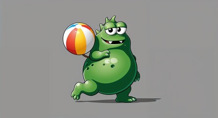 Fototapeta premium Green blob monster carrying a beach ball in plain gray background