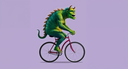 Fototapeta premium Green monster riding a unicycle in plain lavender background