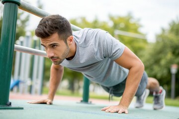 Fototapeta premium Young caucasian male doing push-ups outdoors at a fitness park.