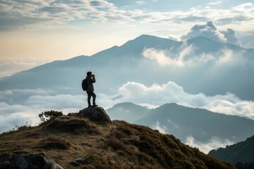 Fototapeta premium Young asian male hiking in misty mountain landscape.