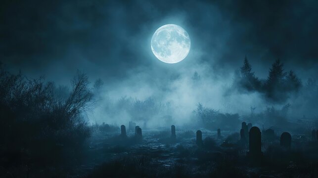 arafed view of a cemetery with a full moon in the background