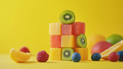 Fruit puzzle cubes arranged from different fruit cubes isolated on a yellow background
