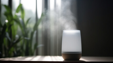 minimalist cylindrical humidifier bottle with matte white color, soft steam coming out from the top, placed on a wooden table. Ai generated images.