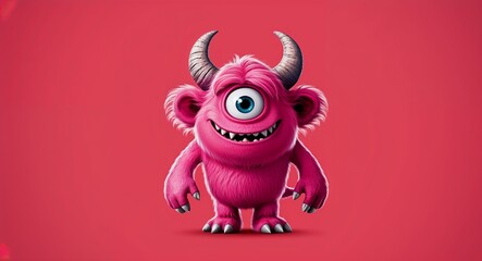 Fototapeta premium Pink monster with floppy ears in plain red background