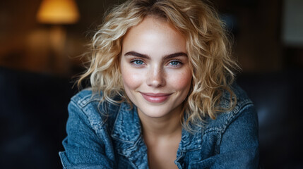 Fototapeta premium Smiling young woman with curly hair wearing a denim jacket indoors in warm lighting
