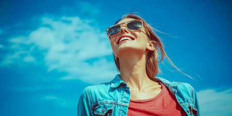 Smiling woman enjoys sunny day outdoors with sunglasses amidst blue sky