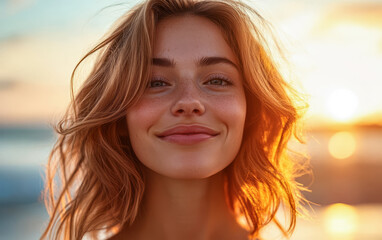 Smiling young woman enjoying sunset at the beach in summer