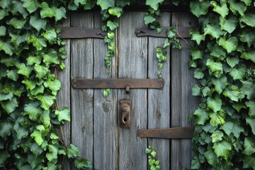 Old, weather-beaten wooden door, rough-hewn planks, rusty lock and hinges, surrounded by ivy-covered stones, radiating aged charm