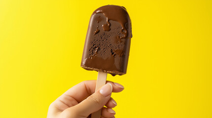 Hand holding an ice cream chocolate popsicle isolated on a yellow background