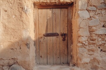 Old wooden door, rough surface, natural wood grain, rusty metal latch, aged patina, surrounded by cracked stonework, evoking a vintage countryside feel