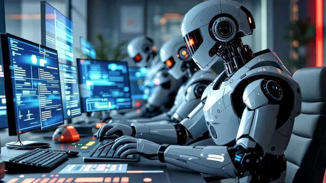 A team of humanoid robots working on advanced computing systems in a futuristic lab