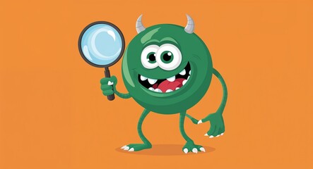 Round green monster holding a magnifying glass in plain orange background