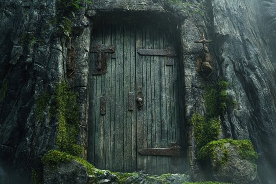 Old wooden door with natural cracks, rich weathered textures, rustic metal accents, and a mossy stone setting, exuding aged elegance