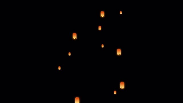 Illustrated Sky Lanterns Floating Animation with Alpha Channel on a Transparent Background, seamless loop