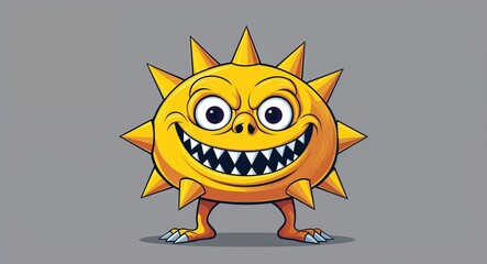 Spiky yellow monster with a cheerful grin in plain gray background