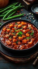 A hearty dish of stewed vegetables and beans garnished with herbs, served in a black bowl.