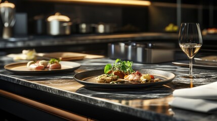 Sophisticated cooking scene in a luxury hotel, premium kitchen equipment, artistic plating of gourmet dishes, marble finishes, and warm, elegant lighting