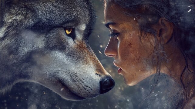 a close encounter between a wolf and a young woman in a mystical forest