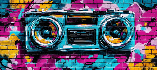 Retro 90s Graffiti Banner with Neon Colors and Boom Box on Brick Wall for Urban Street Art Design