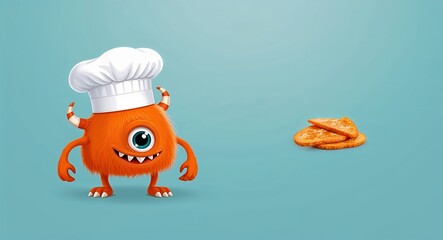 Tiny orange monster wearing a chefs hat in plain aquamarine background