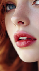 Close-up of woman showcasing soft lips and flawless skin with natural makeup