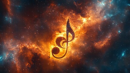 Fiery treble clef in cosmic nebula.