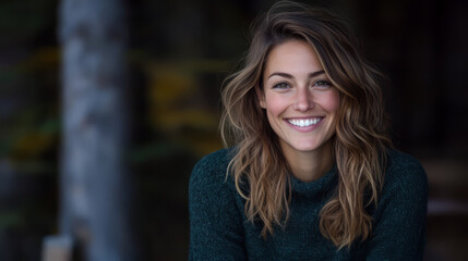 Obraz premium Bright smile of a woman captured outdoors in a cozy setting during autumn