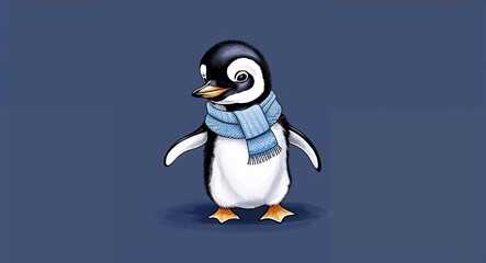 Obraz premium A baby penguin wearing a tiny scarf in a plain navy background