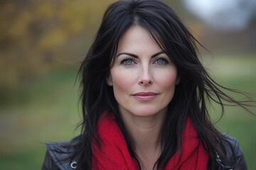 Fototapeta premium Portrait of a young woman outdoors with flowing hair and a vibrant scarf in a serene setting