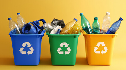 Three recycling bins filled with various plastic bottles, set against a yellow background, promoting eco-friendly waste management and recycling.