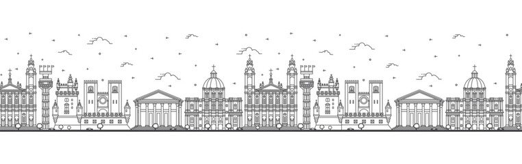 Seamless pattern with Outline Lisbon Portugal City Skyline with Historic Buildings Isolated on White. Lisbon Cityscape with Landmarks.