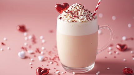 Hot white chocolate cocktail for Valentine's Day holidays isolated on a soft pink background