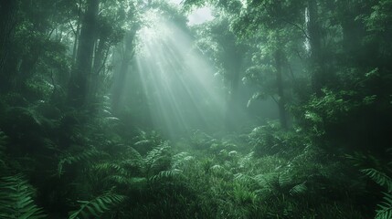 Fototapeta premium Sunbeams illuminate a path through a misty forest, dappling the bluebells with light.