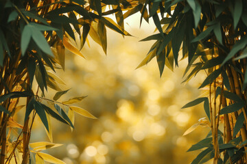 Golden light filtering through bamboo leaves creates a peaceful atmosphere in nature