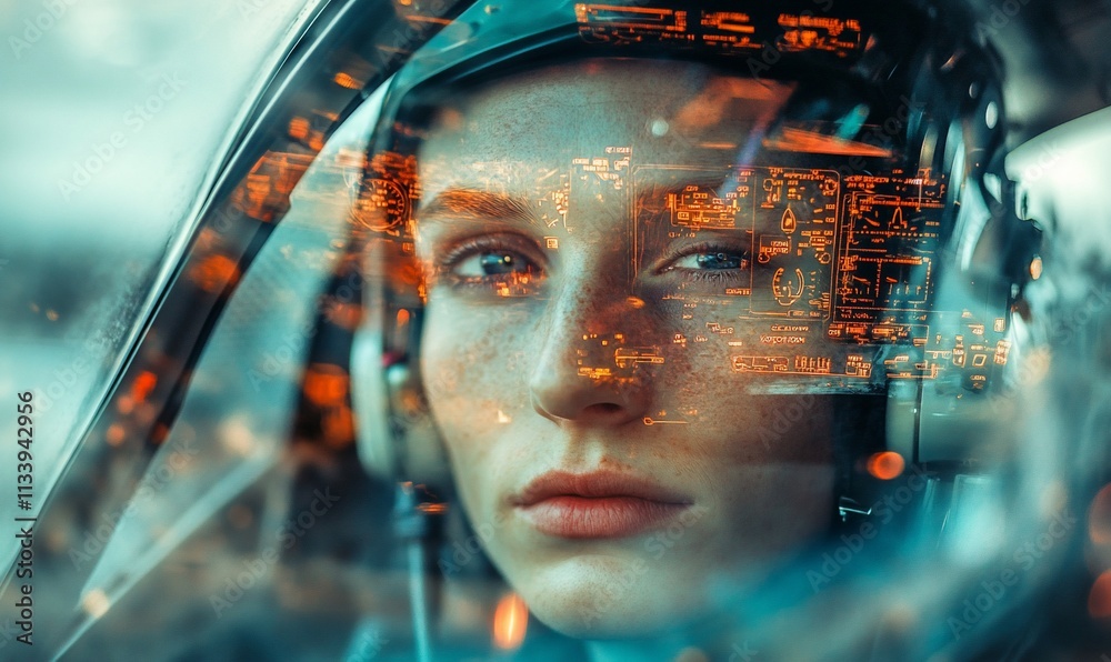 Poster A close-up of a person in a helmet, reflecting digital data in their visor.
