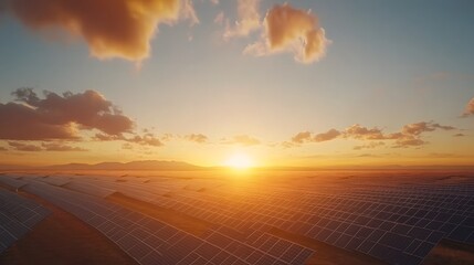 Vast solar farm at sunset, showcasing renewable energy and clean technology.