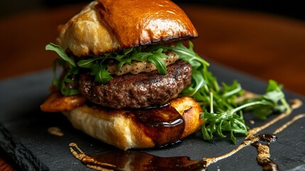 Gourmet Burger with Arugula and a Rich Glaze
