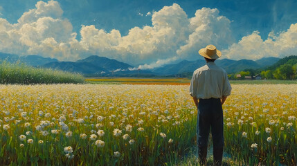 Fototapeta premium A serene landscape featuring a person gazing over a vast field of flowers under a blue sky.