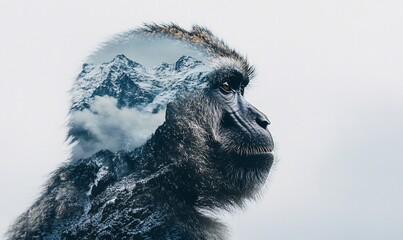 Naklejka premium A creative double exposure of a gorilla's profile with a mountain landscape.
