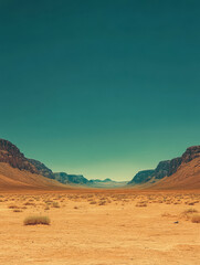 Fototapeta premium Vast desert landscape with mountains under a clear blue sky in the afternoon