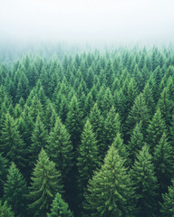 Obraz premium Lush evergreen forest blanketed in morning fog with towering trees and serene atmosphere