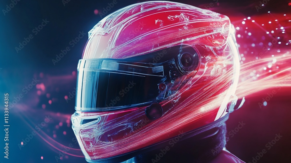 Poster a futuristic racing helmet with dynamic lighting effects.