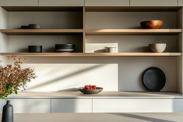 Modern minimalist kitchen with wooden shelves and decorative bowls.