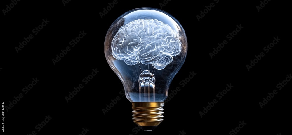 Poster a light bulb containing a brain symbolizes creativity and intelligence.
