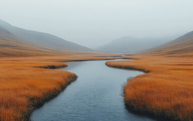 Obraz premium Serene river winding through golden grasslands in a misty valley landscape