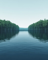 Tranquil lake surrounded by lush green forest under clear blue sky